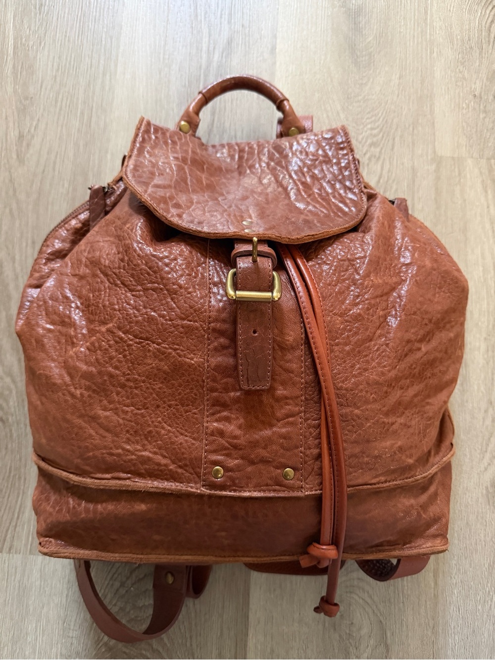 Will Leather Goods Rustic Cognac Leather Drawstring Backpack